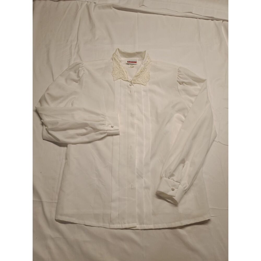 Vintage 80S Judy Bond White Lace Collar Blouse Women's 14 Secretary Puff Sleeve